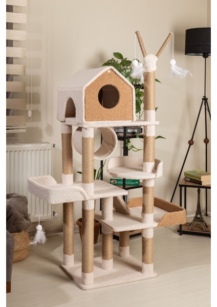 Vella Kedi Ağacı - 3 Katlı, Tırmalama Direği, Yatak ve Oyuncaklı, Bej-Kahverengi, Kolay Kurulum indirimleri