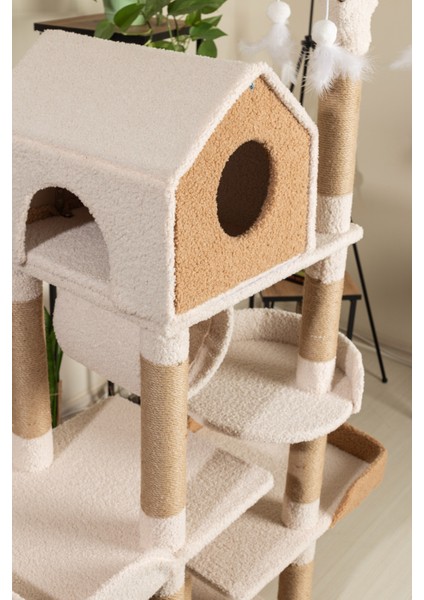Vella Kedi Ağacı - 3 Katlı, Tırmalama Direği, Yatak ve Oyuncaklı, Bej-Kahverengi, Kolay Kurulum