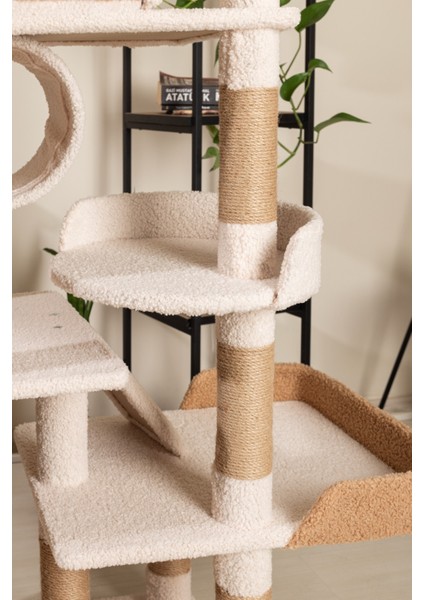 Vella Kedi Ağacı - 3 Katlı, Tırmalama Direği, Yatak ve Oyuncaklı, Bej-Kahverengi, Kolay Kurulum