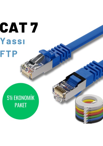 5 Adet 1 Metre Irenıs Cat7 Kablo Yassı Ftp Ethernet Network Lan Kablosu
