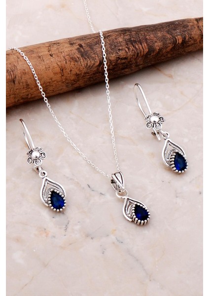 Telkari Işlemeli Gümüş Elişi Safir Set 2194