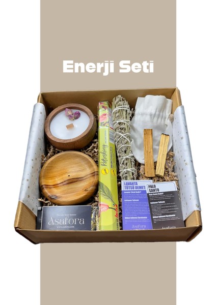 Hediyelik Huzur Enerji Seti-Lavanta Tütsü Demeti-Palo Santo Çubukları-Kokulu Mum-Şık Ahşap Tütsülük ve Tütsü