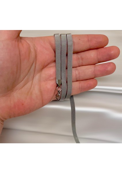 Silver-Hasır-Yassı Yüksek Kalite Paslanmaz Çelik Kolye 65 cm