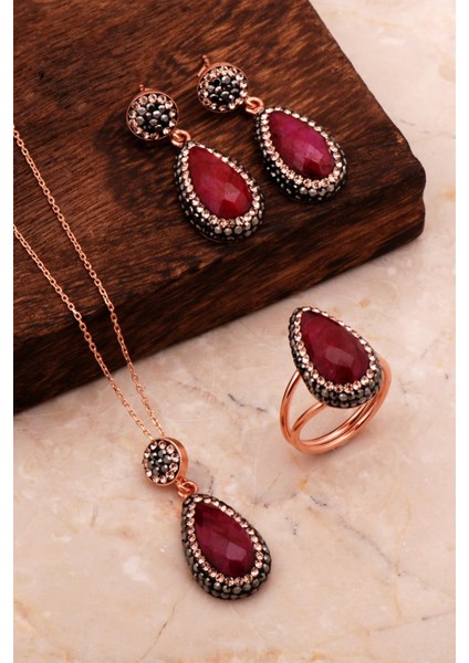 Rose Gümüş Kök Yakut Damla Set 2188