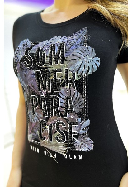 Siyah Kısa Kol Baskılı Incili Crystal Taşlı Premium Pamuk Bisiklet Yaka Kadın T-Shirt modelleri