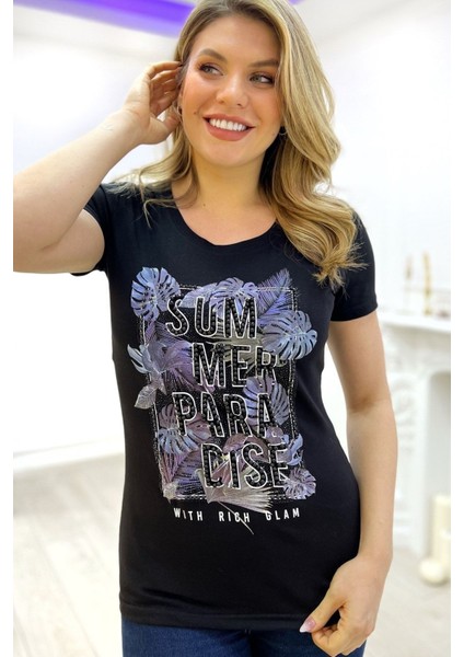 Siyah Kısa Kol Baskılı Incili Crystal Taşlı Premium Pamuk Bisiklet Yaka Kadın T-Shirt fırsatları
