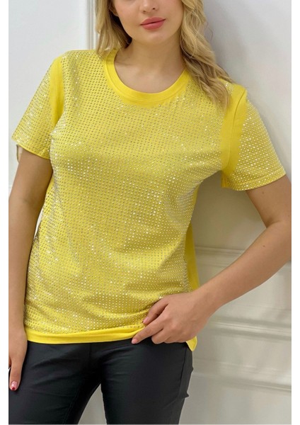 Tamamı Crystal Taşlı Büyük Beden Bisiklet Yaka Pamuk Şık Kadın T-Shirt fiyatları