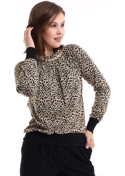 Vista Kadın Yumuşak Dokulu Reglan Uzun Kollu Yaka Zincir Aksesuar Leopar Desen Jakar Örme Bluz
