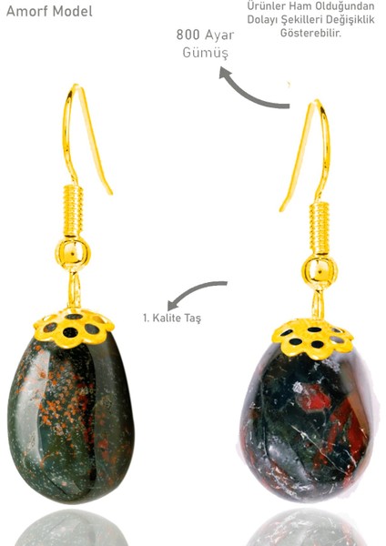 Sertifikalı Amorf Model Kan Taşı Küpe (Heliotrop Taşı) - Gold Renkli