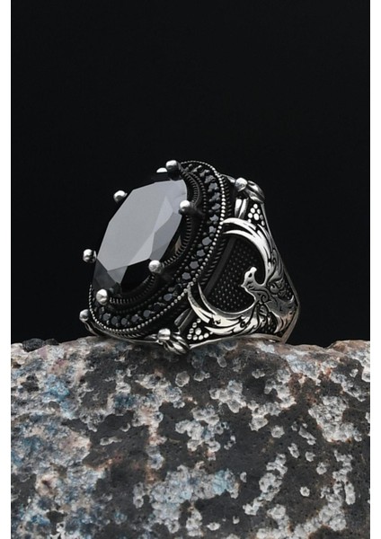 Anka Kuşu Figürlü 925 Ayar Gümüş Erkek Yüzük Siyah Zirkon Taşlı 901494