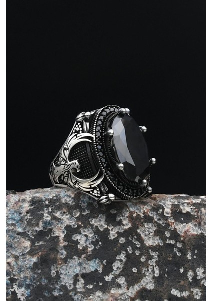 Anka Kuşu Figürlü 925 Ayar Gümüş Erkek Yüzük Siyah Zirkon Taşlı 901494 modelleri