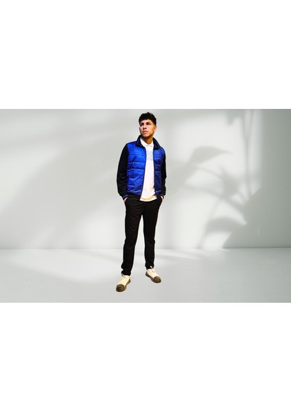Erkek Siyah-Saks Kapitone Dik Yaka Casual Sweat Ceket 257919204