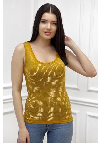 Tamamı Crystal Taşlı Dar Kesim / Slim Fit Siyah Pamuk Kadın Atlet Kalın Askılı Kolsuz T-Shirt fiyatları