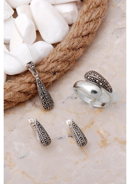 Markazit Taşlı Damla Gümüş Set 2136