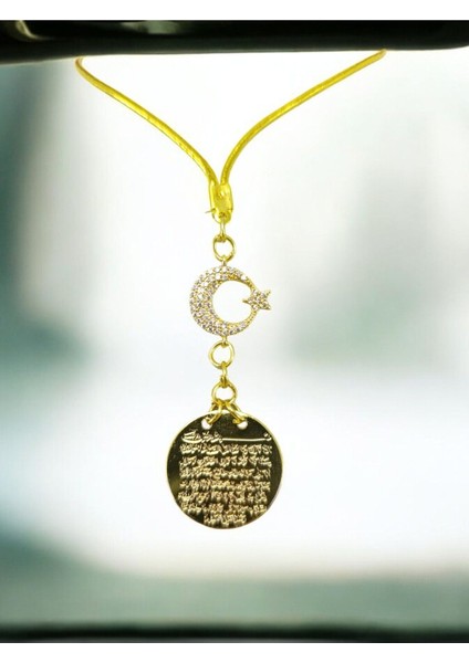 Gold Renkli Metal Hilal Ay Yıldız Ayetel Kürsi Araba Dikiz Ayna Süsü, Yeni Araba Hediyesi