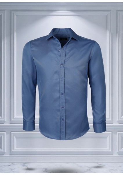 Kolay Ütülenebilen Dört Mevsim Modern Fit Yumuşak Dokulu Indigo Düz Erkek Gömlek