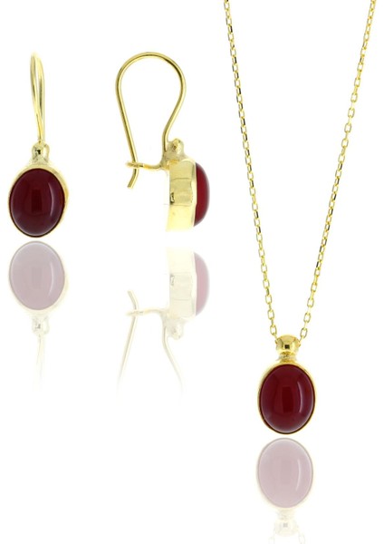 Akik Altın Yaldızlı Tasarım Gümüş Set 2117