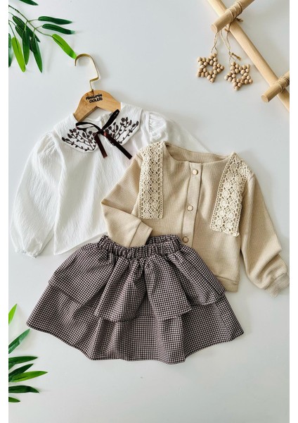 Yaka Nakış Detaylı Hırkalı Kız Çocuk 3 lü takım - Bej