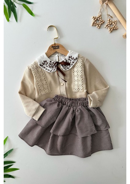 Yaka Nakış Detaylı Hırkalı Kız Çocuk 3 lü takım - Bej fiyatları