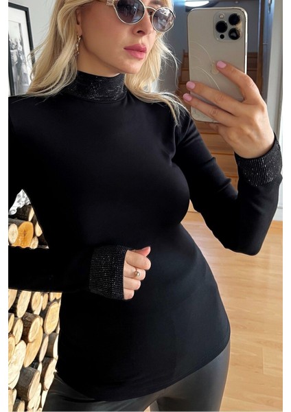 Uzun Kollu Crystal Taşlı Yeni Sezon Boğazlı Likralı Büyük Beden Şık Rahat Kadın Bluz