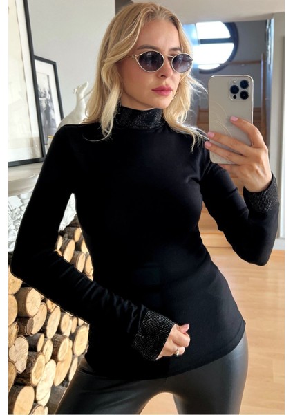 Uzun Kollu Crystal Taşlı Yeni Sezon Boğazlı Likralı Büyük Beden Şık Rahat Kadın Bluz modelleri