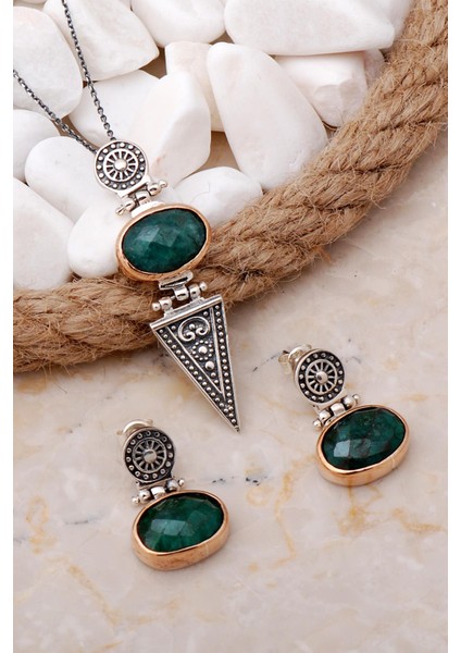 Kök Zümrüt Antik Tasarım Elişi Gümüş Set 2101