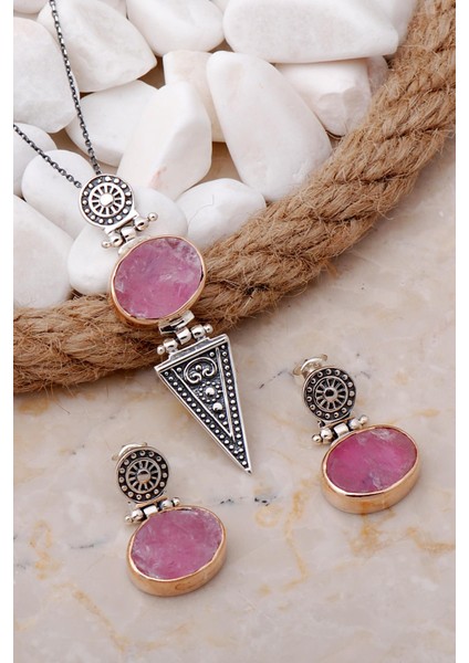 Pembe Kuvars Elişi Antik Tasarım Gümüş Set 2098