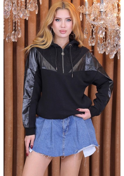 Üç Iplik Crystal Taşlı Kapüşonlu Kanguru Cepli Suni Derili Siyah Kadın Pamuk Şık Sweatshirt