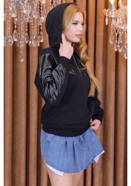Üç Iplik Crystal Taşlı Kapüşonlu Kanguru Cepli Suni Derili Siyah Kadın Pamuk Şık Sweatshirt modelleri