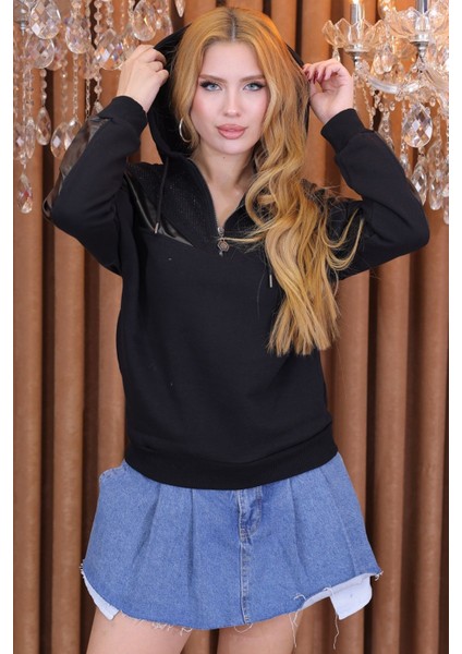 Üç Iplik Crystal Taşlı Kapüşonlu Kanguru Cepli Suni Derili Siyah Kadın Pamuk Şık Sweatshirt indirimleri