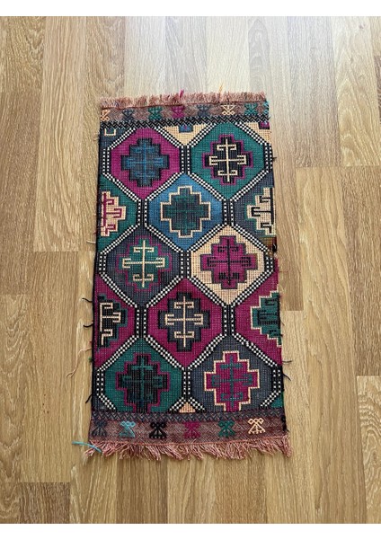 40X73 cm Küçük Desenli Vintage Halı, Canlı Renkli Antika Kilim, El Dokuma Anadolu Kilimi, Nostaljik Severler Için Kilim