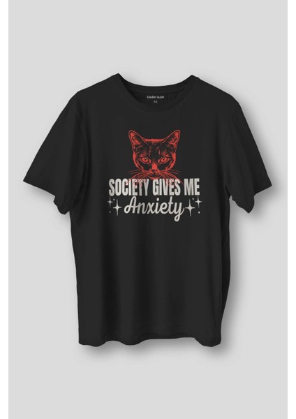 Society Gives Me Anxiety Sosyal Anksiyete Kedi Cat Baskılı Tişört Unisex Siyah T-Shirt