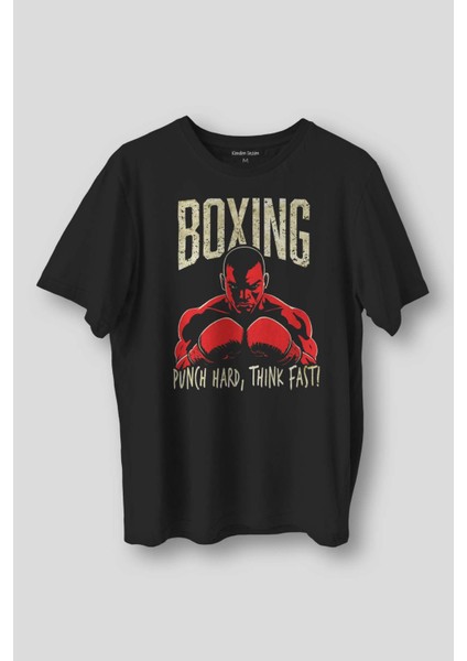 Boks Boxing Punch Hard Think Fast Spor Fight Baskılı Tişört Unisex Siyah T-Shirt