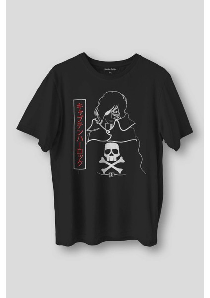 Siyah Tişört Captain Harlock Anime Tişört Retro Uzay Korsanı Baskılı Unisex Tshirt