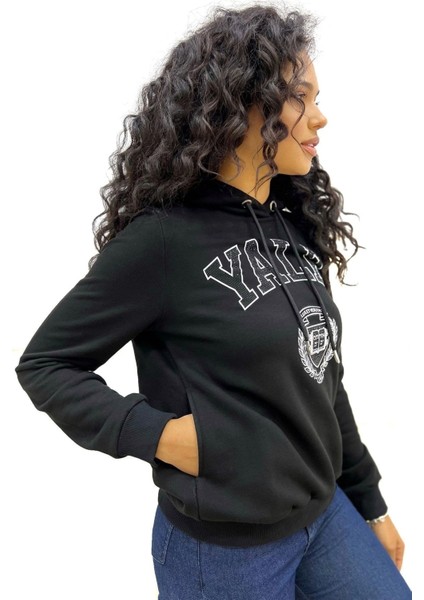 Üç Iplik Yale Baskılı Crystal Taşlı Kapüşonlu Siyah Kadın Pamuk Sweatshirt