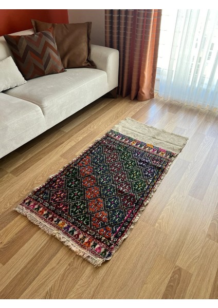 73X138 cm Vintage El Dokuma Halı, Koçboynuzu Desenli Türk Kilimi, Geometrik Desenli Küçük Kilim, Salon Dekoru
