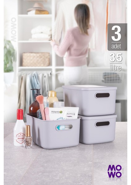 Retro Box 3'lü Gri 3,5 Lt Çok Amaçlı Düzenleyici Kapaklı Saklama Kutu, Organizer, Storage