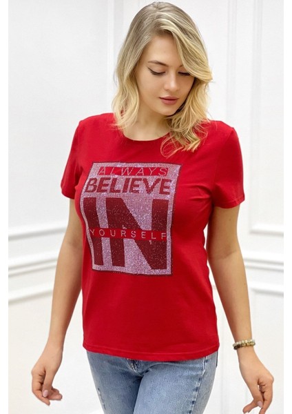 Yazılı Crystal Taş Baskılı Büyük Beden Bisiklet Yaka Kısa Kollu Pamuk Rahat Şık Beyaz Kadın T-Shirt