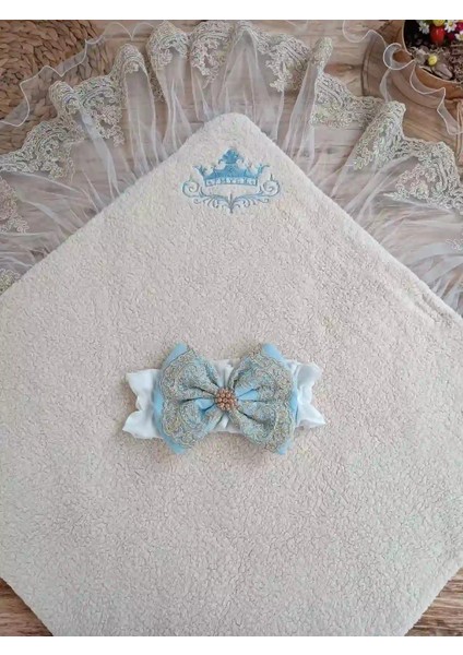 Yenidoğan Kuzulu Taç Nakış Güpürlü Fiyonklu Duvaklı Prizma Taş Unisex Kundak Bebek Battaniyesi Mavi fırsatları