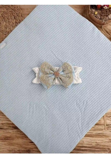 Yenidoğan Kuzulu Taç Nakış Güpürlü Fiyonklu Duvaklı Prizma Taş Unisex Kundak Bebek Battaniyesi Mavi indirimleri