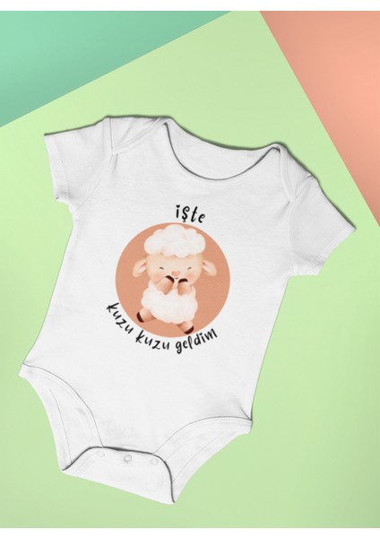 Baskılı Kuzu Kuzu Geldim Bebek Body Kısa Kollu Badi Çıtçıtlı Zıbın Organik Pamuk