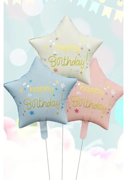 3 Lü Happy Birthday Yıldız Folyo Balon Seti Pembe Krem Mavi 18 Inç