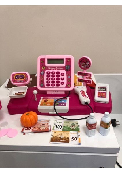 Dijital Ekranlı Hesap Makinalı Barkod Okuyuculu Sesli Alışveriş Sepetli Süpermarket Pembe Yazarkasa Oyuncak