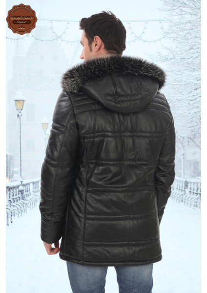 Erkek Kuzu Derisi Kışlık Parka Kapüşonlu Kürklü Deri Mont Şişme Mont Deri Kaban fırsatları