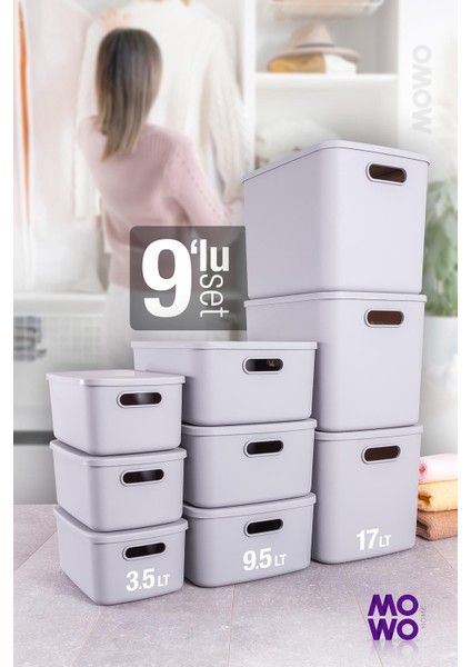 Retro Box 9’lu Gri Çok Amaçlı Düzenleyici Kapaklı Saklama Kutu, Organizer, Storage
