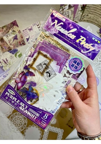 Purple Sky At Night 59 Parça Dopdolu Özel Tasarım Hediyelik Mor Sticker Scrapbook Kâğıt Kelebek Seti/bullet Journal