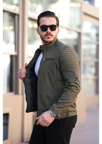 Erkek Haki Su ve Rüzgar Geçirmez Slim Fit Astarlı Mevsimlik Mont