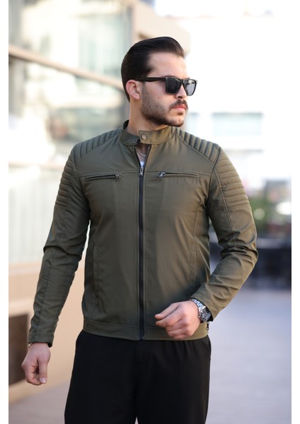 Erkek Haki Su ve Rüzgar Geçirmez Slim Fit Astarlı Mevsimlik Mont