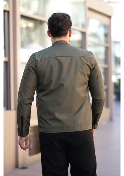 Erkek Haki Su ve Rüzgar Geçirmez Slim Fit Astarlı Mevsimlik Mont