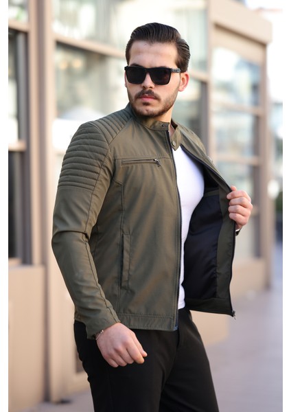 Erkek Haki Su ve Rüzgar Geçirmez Slim Fit Astarlı Mevsimlik Mont